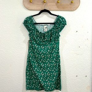 Mini Ruched Green Floral Dress
